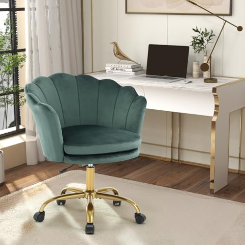 Bosmiller Schminktisch Stuhl aus Samt，Schreibtischstuhl mit Blütenblätter Rückenlehne，Bürostuhl 200 kg mit Doppelten Sitzkissen für Schlafzimmer/Esszimmer