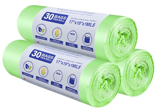 90 sacchetti biodegradabili per rifiuti amido di mais, materiale biologico, ecologici e spessi, 8Gal/30 l, buona sigillatura, facili da strappare per bagno, soggiorno, cucina, ufficio, 60 x 65 cm
