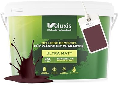 Veluxis® Pintura de pared roja para interiores - 2,5 litros y opacidad clase 1, sin vetas, antigoteo, ecológica y sin COV - (Red Wine)