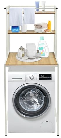 HongKKon 3 étages étagère De Stockage pour Lave-Linge Et Sèche-Linge, Machine à Laver étagère De Rangement étagère à Linge Autoportante, Grande étagères Convient aux Buanderies, Balcons (Blanc+Bois)