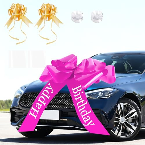 Zyluniy Große Schleife für Auto, Geschenkschleife Groß XL 58.4 cm, Riesige Autoschleife mit Gold Kleine Schleifen und Saugnapf für Auto Deko Happy Birthday 18 Geburtstag