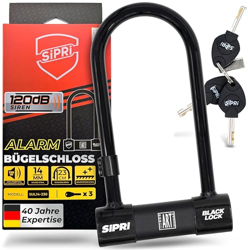 SIPRI® Fahrradschloss mit Alarm 120 dB | Gehärtetes Bügelschloss für E-Bike | E-Scooter & Motorrad | 14 mm Stahl | 230 mm | wetterfest | Diebstahlschutz | Schloss mit Schlüssel | robust & sicher
