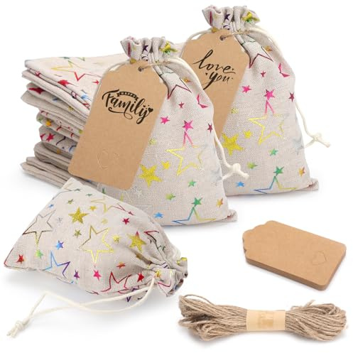 LOLANIUT 24 stycken 13 x 18 cm bomullspåsar med dragsko, pentagram jutesäckar, jutepåse med dragsko, liten tygpåse för jul barns födelsedag bröllop fest gör-det-själv souvenir