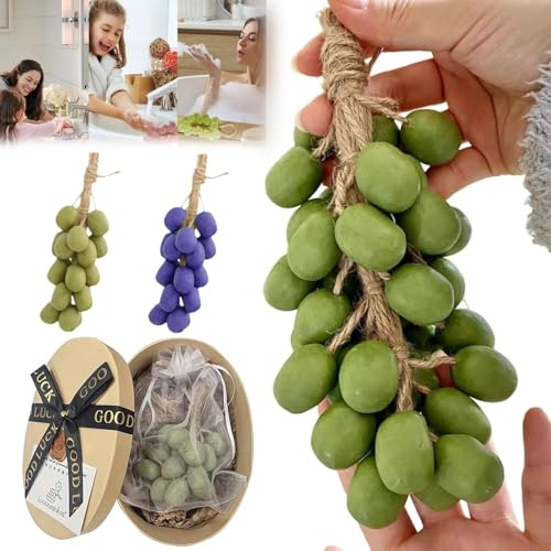 Handmade Bar Soap, Grape Soap on a Rope, Natural Cold Process Grape Bunch Design, 150g Plant-Based Soapp for Bath and Hand Wash, Gift for Men and Women (Green)