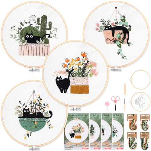 Homwiz 4 Sticken Set Erwachsene, Stickset für Anfänger Blumenmuster Pflanzen Embroidery Kit mit 2 Bambus Stickrahmen Farbfäden Anleitung, Stickerei Set für DIY Kunst Handwerk (Katzenidyll)