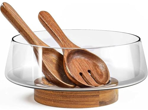 WSFYTAM Juego Ensaladeras Extragrandes Vidrio – Ensaladeras para Fiestas con Base Madera Acacia Y Utensilios para Servir Ensaladas – Imprescindible Elegante Y Práctico para La Cocina,Marrón