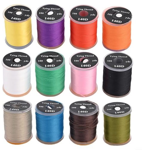 Kit di fili per pesca a mosca, 140D, per ninfa, mosche bagnate secche e streamer, non cerate, materiale in nylon, per pesca a mosca, con 6 o 12 opzioni di colore (12 pezzi)