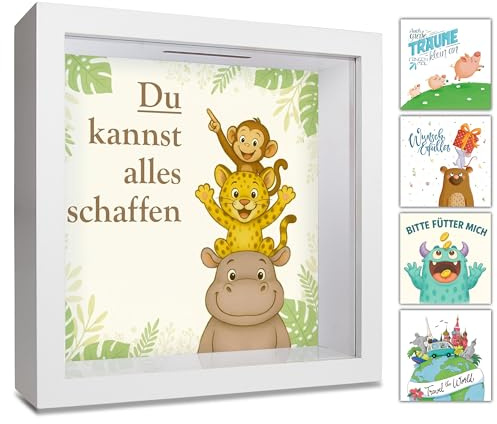 GLÜCKSWOLKE - Spardose Kinder I Dschungel - Tiere I 3D Bilderrahmen | für Geldgeschenke Geburtstag I Sparschwein groß I Kinderspardose & Sparbüchse Einschulung I Geld Geschenk Junge & Mädchen