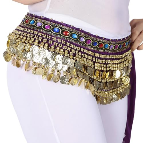 Cinturón de danza del vientre para mujer, pañuelo de cadera, danza del vientre, falda, cadena de cintura con monedas doradas, cinturón de tela para disfraz, morado oscuro, Talla única