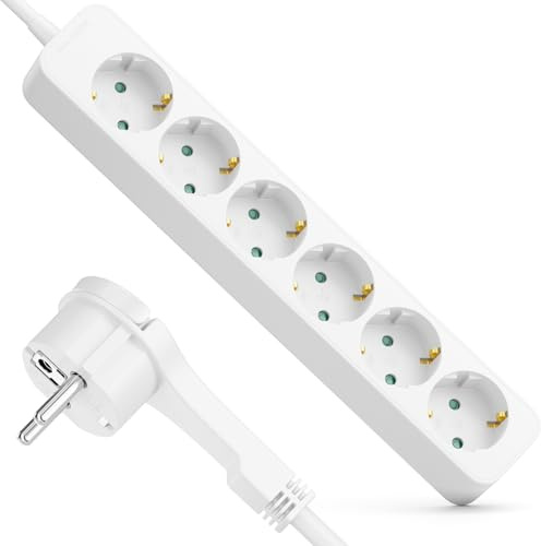 deleyCON 6-Fack Grenuttag med Plattkontakt - 5m Kabel - Ideal Bakom Möbler, Grenuttag Strömkabel Fördelare Förlängning Strömlist 3680W 16A - Vit