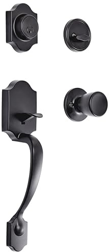 Amazon Basics Front Door Lock Set, Handleset with Tulip Knob, Level Door Handle, Exterior, Single Cylinder, Matte Black, 1-Pack