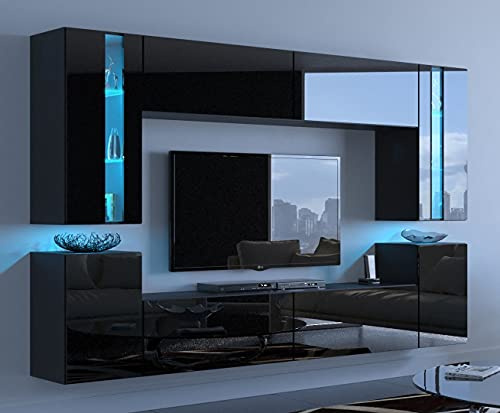 Furnitech TV-Schrank zum Aufhängen, modernes Design, mit Säulen, Vitrinen und Stauräumen, LED-Beleuchtung, Weiß (24/HG/B/1 1 A klein)