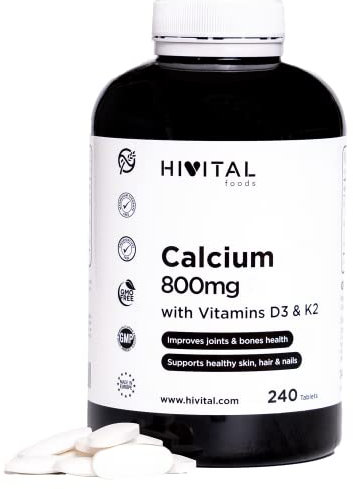 Calcio 800 mg con Vitamina D3 e K2. 240 compresse per 4 mesi di trattamento. Carbonato di Calcio Organico con Vitamine K2 MK7 e D3. Prodotto in Europa da HIVITAL