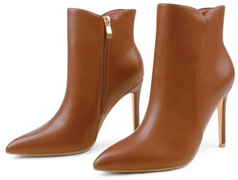 JOY IN LOVE Women's Ankle Boots 4 inch Stiletto High Heels Pointed Toe Zipper Boots Brown US 7.5