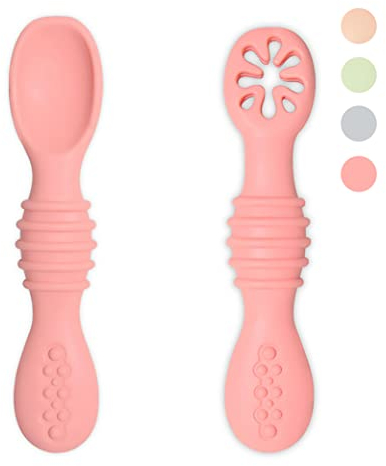 VegMai® PreCucharas Para Bebes. Cucharas BLW De Aprendizaje, Etapa 1 + Etapa 2. Recomendada Por Nutricionistas Y Expertos Baby Led Weaning. Cubiertos De Silicona Antibacteriana Y Ergonómicos.(ROSA)