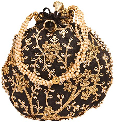 Touchstone NEW Traditional Indian Hand Embroidered Floral Faux Pearls Strings Shopping Gifts Jewelry Wedding Sweet Distribution Drawstring Fancy Black Bag Purse Pouch For Women.