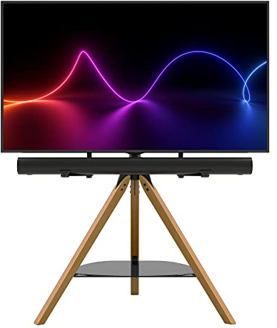 AVF Hoxton TV Floor Stand - With Soundbar Mount Included - Free-standing Tripod TV Unit, Solid Light Wood Legs, Black Glass Shelf, For TVs 32 to 70