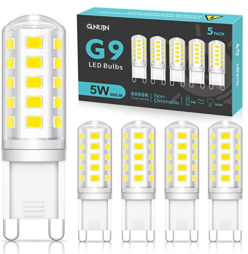 QNUJN G9 Led Bulbs Cool White, 5W, 500LM, 6000K, Equivalent to 50W Halogen, Non-Dimmable Energy Saving Light Bulb for Home Lighting Decor, Chandelier, Wall Light, Crystal Lamp-5 Packs