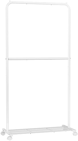 SONGMICS Perchero Burro, Burro de Ropa con 2 Barras, Marco de Metal, Barra Colgante de 91 cm de Ancho, con Estante, 2 Ruedas Bloqueables, Cada Barra Soporta hasta 20 kg, Blanco HSR027W01