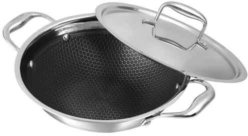 Vinod Platinum SAS Pro Extra Deep Kadai with Lid – 10 Inch, 4 Qt Triply Stainless Steel | Induction & Gas Compatible | Durable Handles | Hybrid Hexagon Wok Design