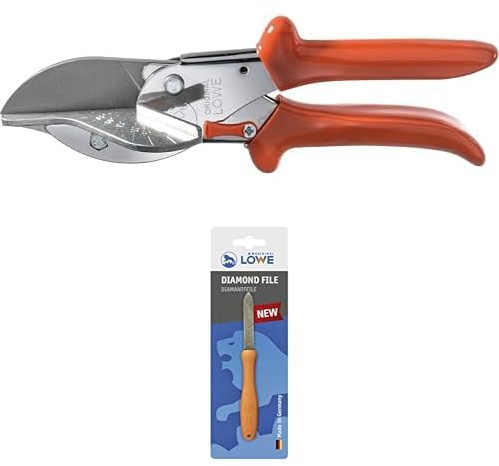 Original LÖWE Set bestehend aus Gehrungsschere 3.104 mit 45° Anschlag für Industrie und Handwerk & Diamantfeile 0023 für Scheren, Äxte und Werkzeuge