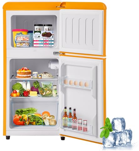 Merax Frigorifero retrò congelatore: a due porte, altezza 86,8 cm, larghezza 45,5 cm, volume totale 60 litri, giallo