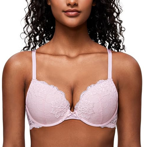Deyllo Donna Reggiseno Push-up Pizzo Sexy Reggiseno Coppa Imbottito Ferretto Comfort Sollevare Rosa Chiaro 2C