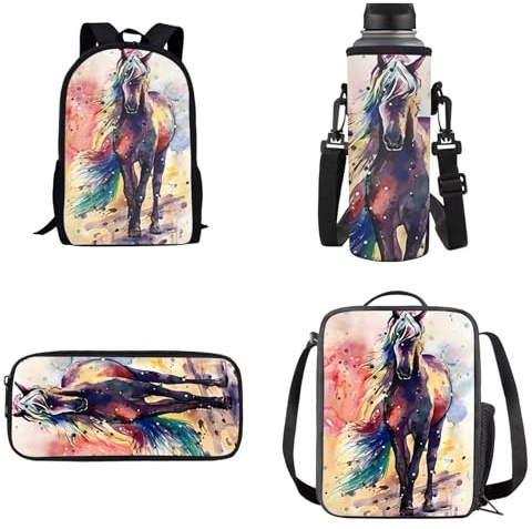 UOIMAG Schultaschen-Sets für Jungen und Mädchen, Rucksack mit Lunchtasche, Federmäppchen, Wasserflaschenhalter, Kindertaschen, Pferd, bunt, Einheitsgröße, Schulranzen-Set