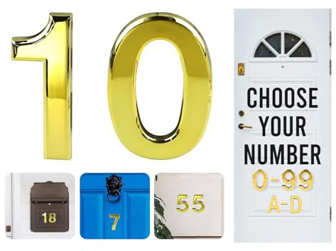 Gold Door Numbers Stick On, 0-99, Letters A, B, C, D, 3'' House Numbers Self Adhesive Stickers, For Doors, Mail Boxes, Hotel Rooms (10)