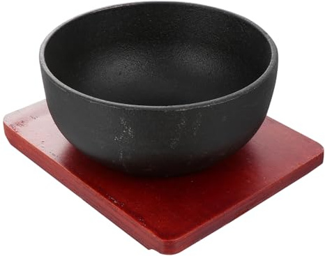 Alipis Bol en Fonte 17 Cm Antiadhésif pour Bibimbap et Soupe Miso, Bol la Cuisine Noir Profond 7 Cm Support en Bois, Vaisselle de Service Polyvalente pour Maison et Restaurant