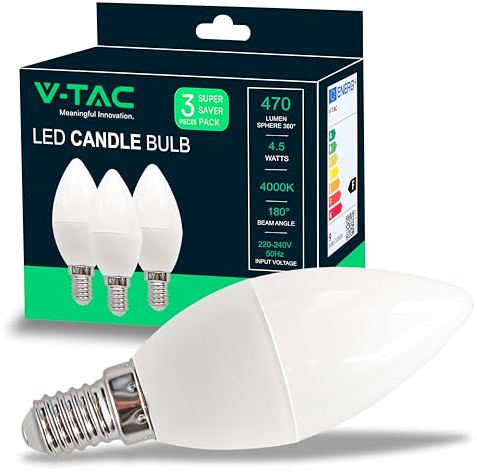 V-TAC 3x Lampadine LED Candela con Attacco E14-4,5W (Equivalenti a 40W) - Lampadine di Nuova Generazione - 470 Lumen - Massima Efficienza e Risparmio Energetico - 4000K Luce Bianca Naturale