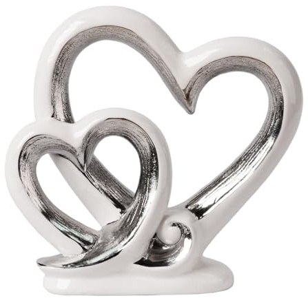 HAUCOZE Hjärta staty skulptur romantisk heminredning kärlek statyett 25 cm | Vit silver keramisk konst modern handgjord prydnad bord bordsuppsats present till alla hjärtans dag bröllop