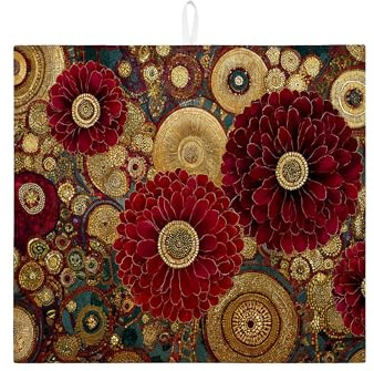 Floral Dish Drying Mats For Kitchen Counter, Vintage Red Floral Absorbent Dish Mat, Medieval Microfiber Drying Pad For Coffee Bar 16x18 Inch