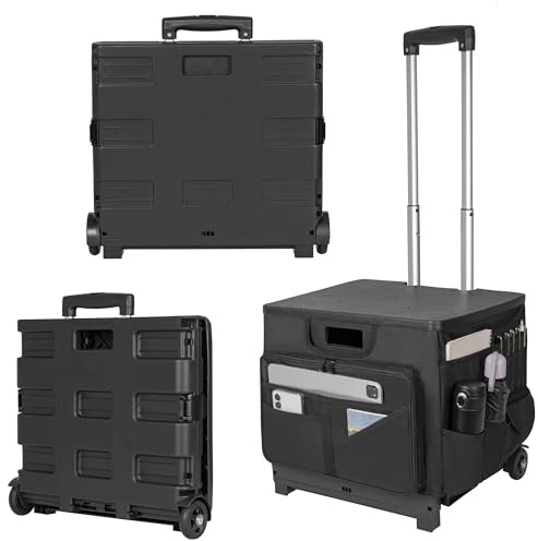 FREEAMG 50L Folding Shopping Trolley Cart with Lid & Organiser Bag, Folding Boot Cart with Telescopic Aluminium Handle, Multipurpose Utility Cart for ravel, Shopping, Luggage & Teacher (Black)