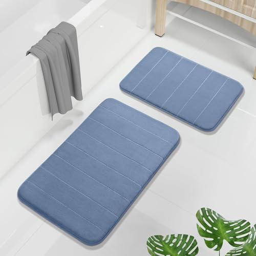 Yimobra Memory Foam Bath Mat, Soft and Comfortable, Super Water Absorption, Non-Slip, Thick, Machine Wash, Easier to Dry for Bathroom Floor Rug, 43 x 61 + 51 x 81 cm, Denim Blue