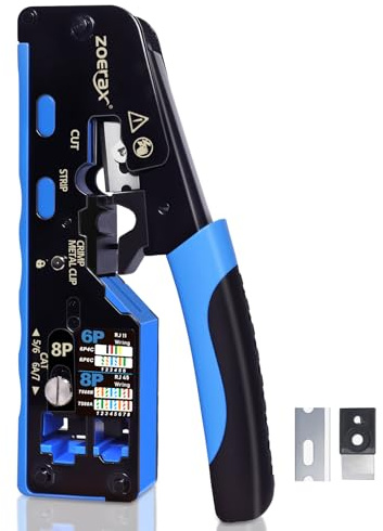 All-in-One RJ45 Crimpzange mit Handdreh-Schraube und Kabelendhülsen-Crimpfunktion für CAT7/CAT6A/CAT6/CAT5E/CAT5, Ethernet Crimpwerkzeug RJ45 Crimper durchsteckfähig