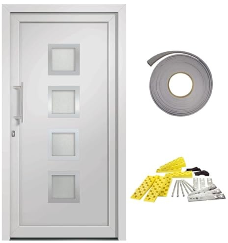 Puerta de entrada blanca 88 x 200 cm – Marco de puerta de PVC con relleno de núcleo sándwich – duradero y aislante del calor – Ideal para casa y apartamento – Puerta exterior moderna