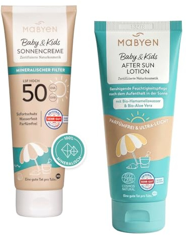 MABYEN Baby & Kids Crema solare SPF 50 e After Sun Lotion Set, filtro UV minerale al 100% in ossido di zinco, senza profumo, COSMOS Natural, 100 ml + 180 ml