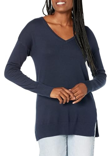 Amazon Essentials Women's Regular Fit Lightweight Long-Sleeved V-Neck Tunic Jumper (Available in Plus Size), Navy, XXL
