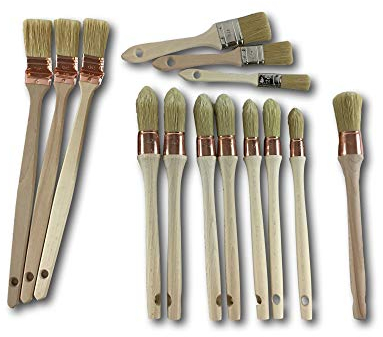 Pack 16 pinceaux | 9 à rechampir | 1 pouce | 3 plats coudés radiateur | 3 à vernir | Fabrication 100% française | Haut de gamme pro | Poils soie blanche | Viroles cuivrées | Kibros PINCOP16