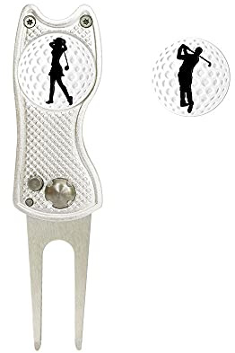 Myartte Golf-Pitchgabel-Reparaturwerkzeug, faltbares Pitchgabel-Werkzeug, Edelstahl-Switchklinge mit 2 abnehmbaren Golfballmarkern, Pop-Up-Knöpfen (Silber-Golfer)