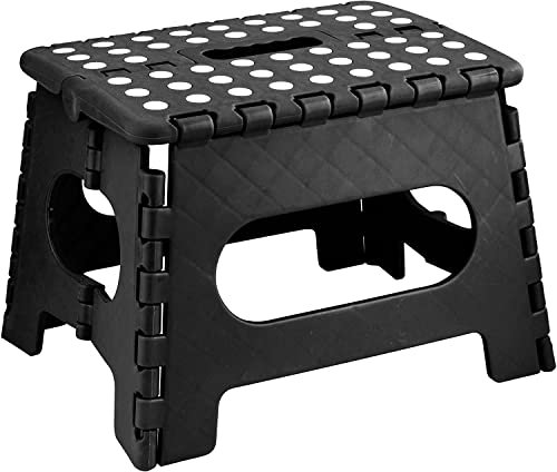 Folding Step Stool - 9 Inch Black, Plastic Foldable Stepping Stool with Non-Slip Feet, Lightweight Portable Footstool with Carrying Handle for Kitchen, Bathroom, Garden & Outdoor