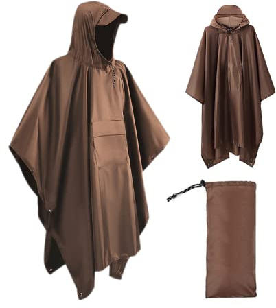 Udbrud Poncho de Lluvia Impermeable, 3 en 1 Multifuncional Chubasquero Transpirable Ultrafino Transpirable Ligero Chubasquero Poncho con Capucha para Camping, Senderismo, Ciclismo (Marrón)
