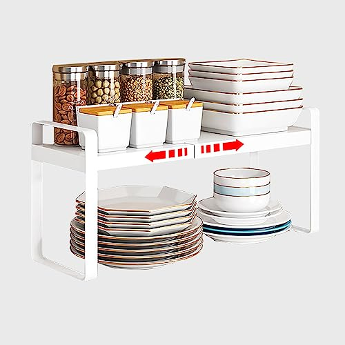 devesanter Teleskop Schrankeinsatz Erweiterbares Schrankregal Erweiterbarer Gewürzregal Küchenregal Organizer für Küchenschrank und Arbeitsplatten Theken Speisekammer Badezimmer（Weiß）