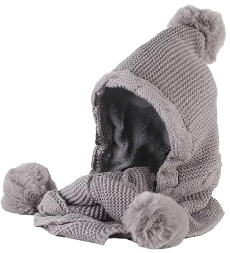 Hood Hat Scarf 2 in 1 Hooded Scarf for Women Winter Warm Beanie Hat with Faux Fur Pompom Fuzzy Knitte