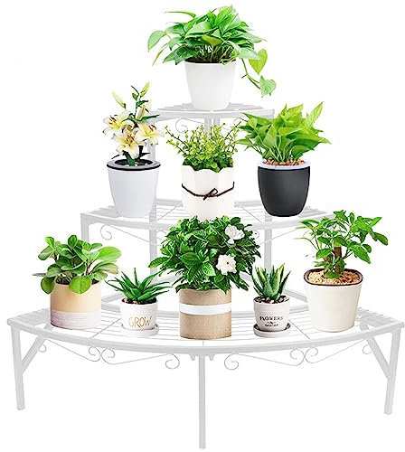 ASHILD Support de Plante en métal, étagère de Rangement d'affichage d'angle de Pot de Fleur d'échelle à 3 Niveaux pour la Maison, Le Balcon, Le Jardin, l'intérieur et l'extérieur, Taille Unique, BL