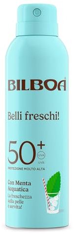 Bilboa Belli Freschi Protezione Solare SPF 50+,con Menta Acquatica, La Freschezza sulla Pelle è Servita, Resistente all'Acqua, Dermatologicamente Testata, 150 ml