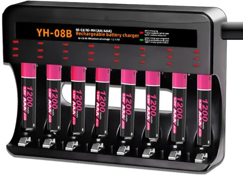 BOANV 8 Slots Chargeur Piles Rechargeable Charge Rapide pour AA AAA Rechargeable avec Port USB-C (8 Slots Chargeur+8AAA)