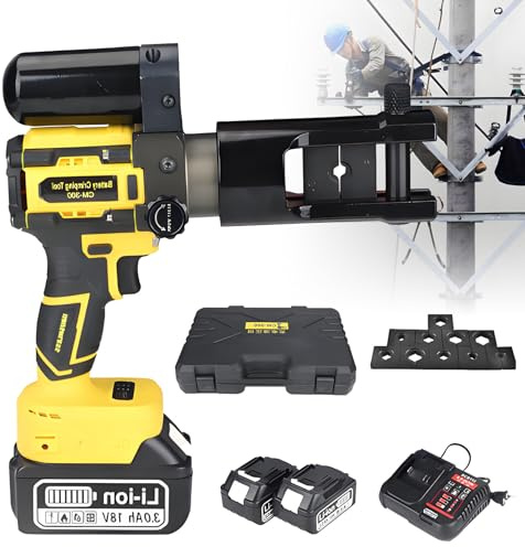 DNEPEI Crimpadora de terminales a batería de 18 V, alicates hidráulicos a batería, Cortador hidráulico de Mano con 11 Matrices para terminales de Cobre y Aluminio Yellow-75KN