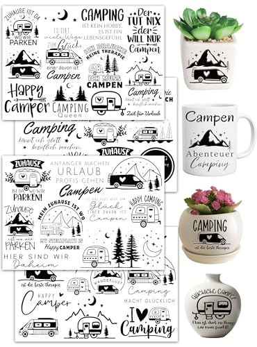 Rub On Sticker 4 Blatt A5 Camping Wohnmobil Aufkleber Natur | Rub On Sticker für Camping Deko Kreative Sprüche Deko für Möbel DIY.